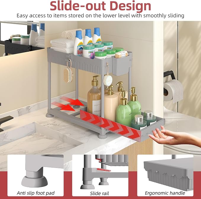 4-Pack 2-Tier Under Sink Organizer with Pull Out Drawers | Multi-use kitchen & bathroom storage. Includes hanging hooks and cups. Gray, space-saving cabinet design. 14.8 Inch