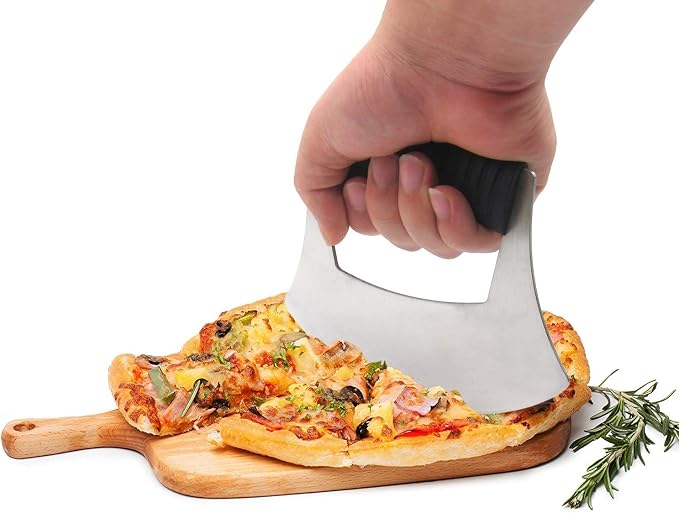 KAYCROWN Mezzaluna Knife Pizza Cutter Salad Chopper - Stainless Steel Sharp Rocker Ulu Knife with Protective Cover for Cutter Pizza, Meat, Vegetables, Herbs, Salad