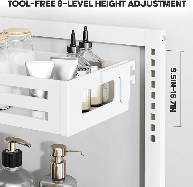 2 Pack 21IN-Depth Under Sink Organizer,Pull Out Cabinet Organizer With Smooth Cylindrical Rail,Metal Slide Out Drawer for Kitchen Bathroom Laundry,8-Level Tool Free Height Adjustable-White