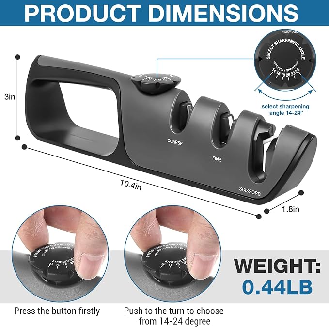 Adjustable Angle Pocket & Kitchen Knife Sharpener – 3-Stage Manual Sharpener for Steel, Ceramic & EDC Knives with Scissors Slot, Non-Slip Base & Ergonomic Handle