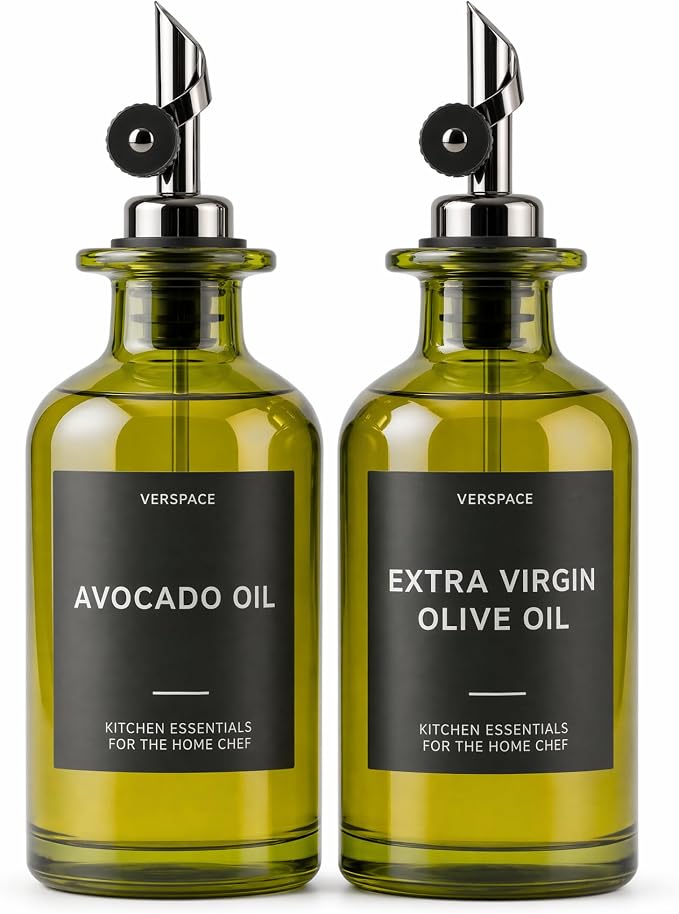 Verspace UV-Protected Green Glass Olive Oil Dispenser Bottles For Kitchen - 2 Pack - 12oz Includes 40 Kitchen Essential Labels, Avocado Oil Dispenser Set, Modern Decor for Home, Airbnb, Cafe