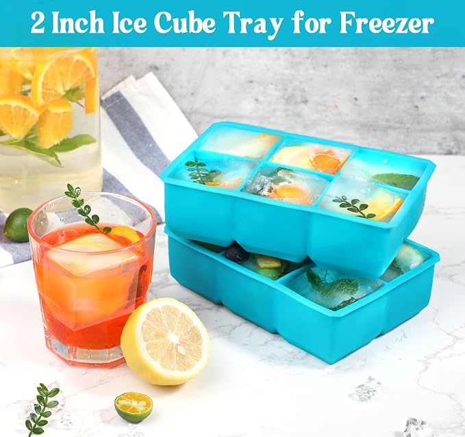 Webake 2 Inch Large Ice Cube Tray, Flexible Ice Mold Silicone Big Ice Cube Trays for Whiskey Cocktails and Treats, BPA Free Blue Square Silicone Mold Pack of 2
