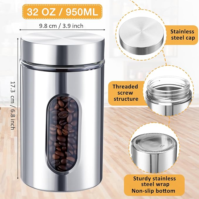 6 Pack Kitchen Canisters Set Airtight Coffee Sugar Tea Candy Storage Jars with Window Glass Stainless Steel Containers with Lids for Flour Cookies Spices Grains Kitchen Decorations(32 oz)