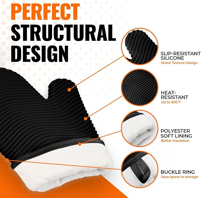 YUTAT Silicone Oven Mitts,Heat Resistant 2PCS Oven Mitts with Soft Polyester Filling,Kitchen Potholder Set - Perfect for BBQ, Baking and Cooking,Black