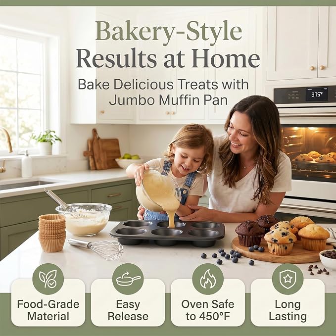 Jumbo Muffin Pan 2 Pack, Extra Large Muffin Tin 6 Cup Includes 100 Jumbo Cupcake Liners, Nonstick Carbon Steel Giant Cupcake Pans for Baking, Breakfast & Party Cupcake Tin