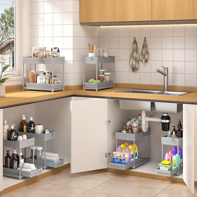 4-Pack 2-Tier Under Sink Organizer with Pull Out Drawers | Multi-use kitchen & bathroom storage. Includes hanging hooks and cups. Gray, space-saving cabinet design. 14.8 Inch