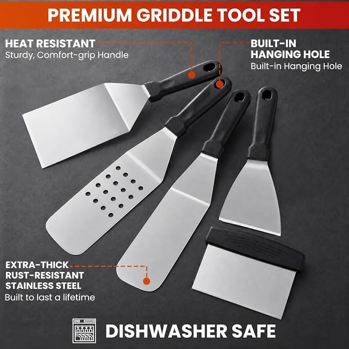 17 PCS Griddle Accessories Kit, Flat Top Grill Accessories Set for Blackstone and Camp Chef, Grill Spatula Set with Enlarged Spatulas, Scraper - Outdoor Barbecue Tools Gifts for Men Dad Him