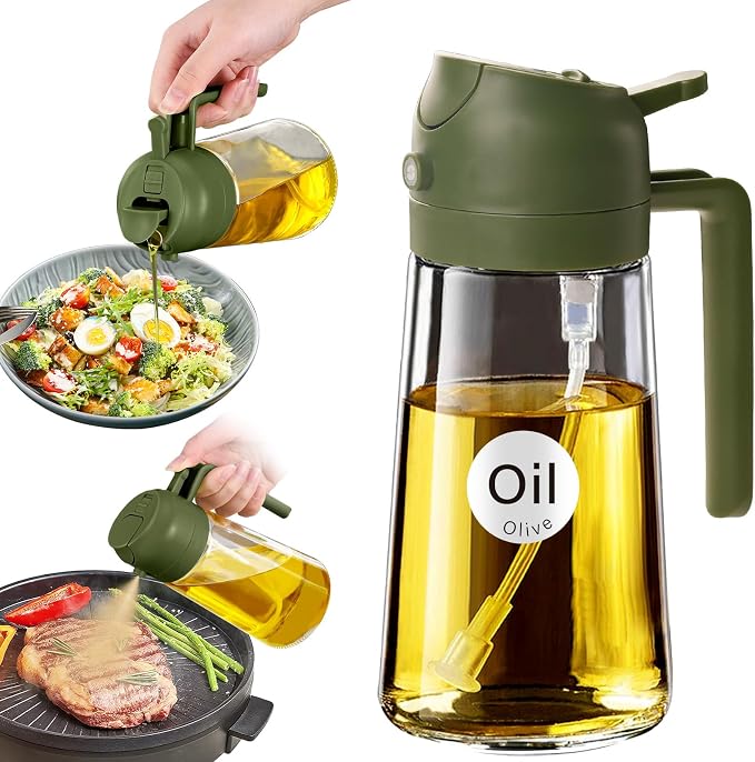 YARRAMATE 16 oz 2-in-1 Glass Olive Oil Sprayer for Cooking, OliveGreen | Food-grade dispenser bottle, 470 ml, spray and pour, portion control, stickers included, for salad, frying and BBQ