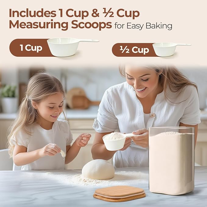ComSaf Flour Sugar Storage Containers 4 Qt, Set of 2 Glass Flour Container | 1 Gallon Large Glass Storage Containers, 15cm Extra Wide Mouth Canisters, Easy Clean and Scoop, 4.4lb Flour Jar, BPA Free