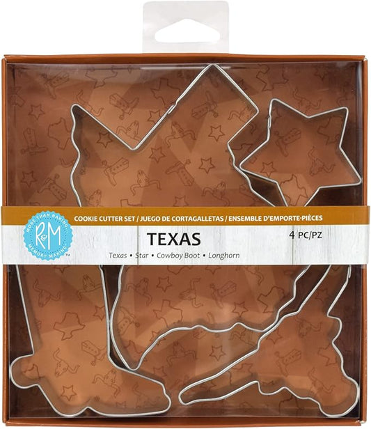 R&M International Texas Cookie Cutters, State, Cowboy Boot, Longhorn, Star, 4-Piece Set