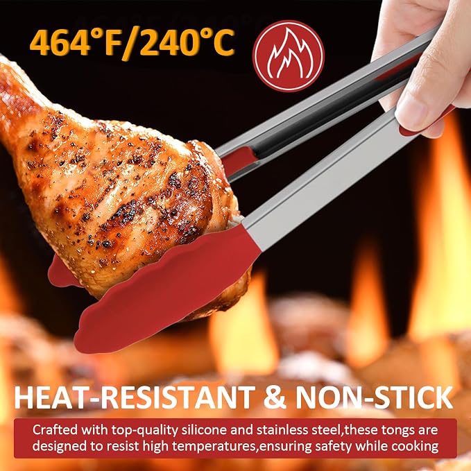 9 Pieces Silicone Tongs for Cooking 7,9,12 inches Kitchen Tongs with Silicone Tip Stainless Steel Heat Resistant Cooking Tongs for Food Grill Salad BBQ Frying and Serving, 3 Color