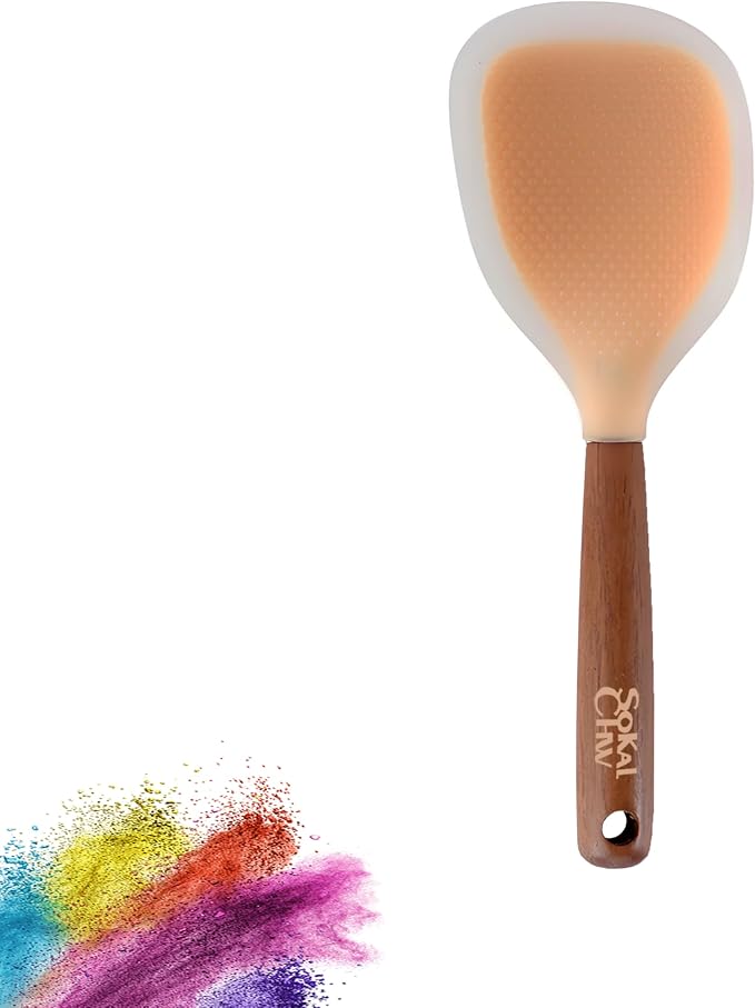 Spatula Spoon and Rice Spoons with Wooden Handle, Food Grade Silicone Great for Cooking, Mixing, Scooper, Scrape, Non stick Heat Resistant (Pink, Rice set 1 pcs)