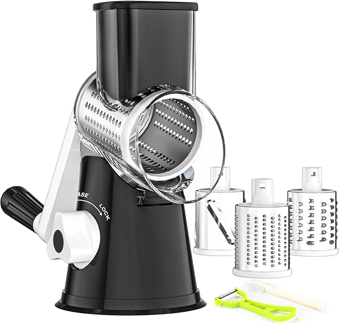 Ourokhome Rotary Cheese Grater Hand Crank, Kitchen Shredder Speed Mandolin Slicer Nuts Grinder with Handle and Drum Blades for Cheese, Vegetable, Walnut, Chocolate, Potato, Carrot, 3 Blades, Black