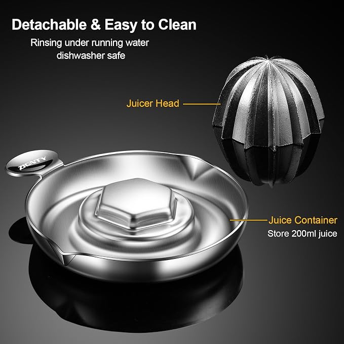Lemon Squeezer Stainless Steel, Heavy Duty Manual Hand Juicer, Premium Citrus Reamer Juicer Rotation, Lime Orange Fruit Squeezer, 200ML Container 2 Pour Spouts, Dishwasher Safe（5-Year Warranty）
