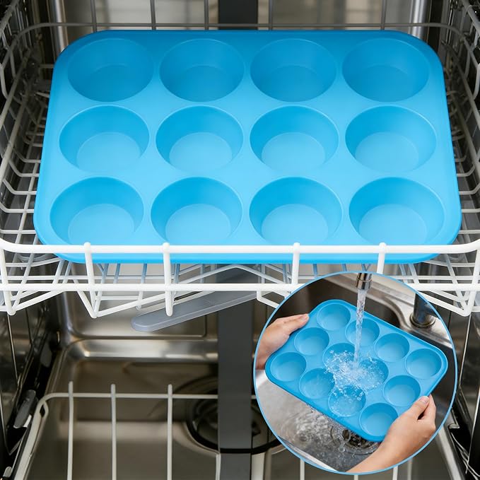 2Pack Silicone Muffin Pans with Metal Reinforced Frame,12 Cup Regular Size Silicone Cupcake Pan,Muffin Tin,Nonstick Cupcake Baking Molds for Muffins,Cupcakes,Egg Bites,BPA Free (2Pack Blue)