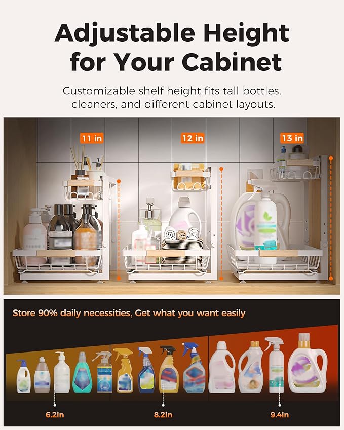 2-Pack 2-Tier Height Adjustable Under Sink Organizer & Storage | Multi-purpose storage for kitchen & bathroom cabinet. Extra Large white shelf, height adjustable design for space-saving.