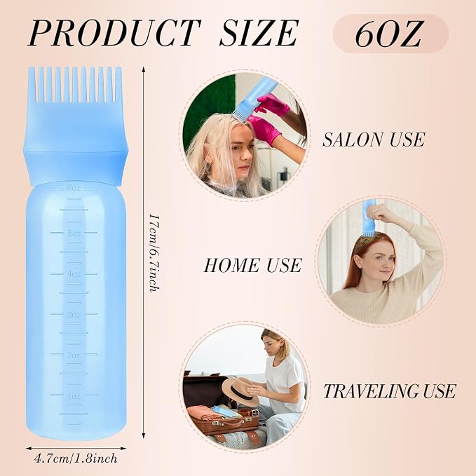 Pimoys 6Oz Root Comb Hair Dye Oil Applicator Bottles for Scalp, Blue | Plastic Squeeze Bottle Dispenser with Graduated Scale, Comb Tip Applicator For Hair Coloring Scalp Oiling, Home Salon Use