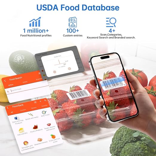 Smart Kitchen Food Scale, Nutrition App Tracks Calorie & Macros, 10kg/22lb | Powered by USDA Database; 30+ Nutrients in App; 12 Stats On-Screen; Visual Progress Charts; Dedicated Coffee Mode