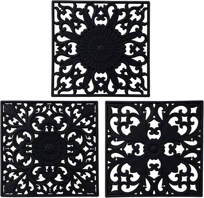 Trivets for Hot Dishes, Pots & Pans, Square Hot Pads for Kitchen, Heat Resistant Mats for Kitchen Counter, Multi Use Silicone Trivet Mat, Flexible Silicone Pot Holders Mats Black Set of 3