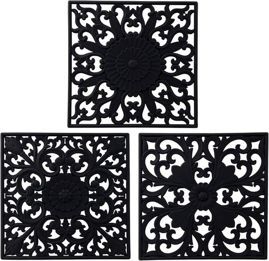 Trivets for Hot Dishes, Pots & Pans, Square Hot Pads for Kitchen, Heat Resistant Mats for Kitchen Counter, Multi Use Silicone Trivet Mat, Flexible Silicone Pot Holders Mats Black Set of 3