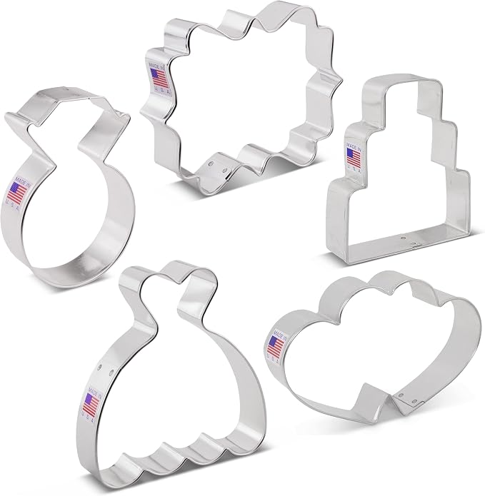 Ann Clark Wedding Cookie Cutters 5-Pc Set (Square Plaque, Wedding Cake, Wedding Dress, Diamond Ring, Double Heart) Made in USA