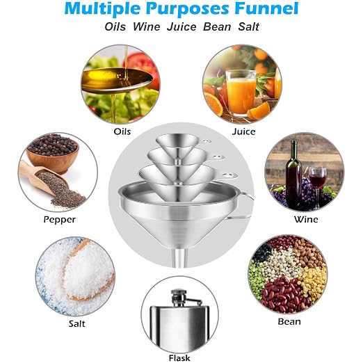 Toncoo 4 Pack Stainless Steel Funnels for Kitchen Use, Food Grade Cooking Funnel with 2 Strainer, Kitchen Funnel Set Metal Funnels for Filling Bottles
