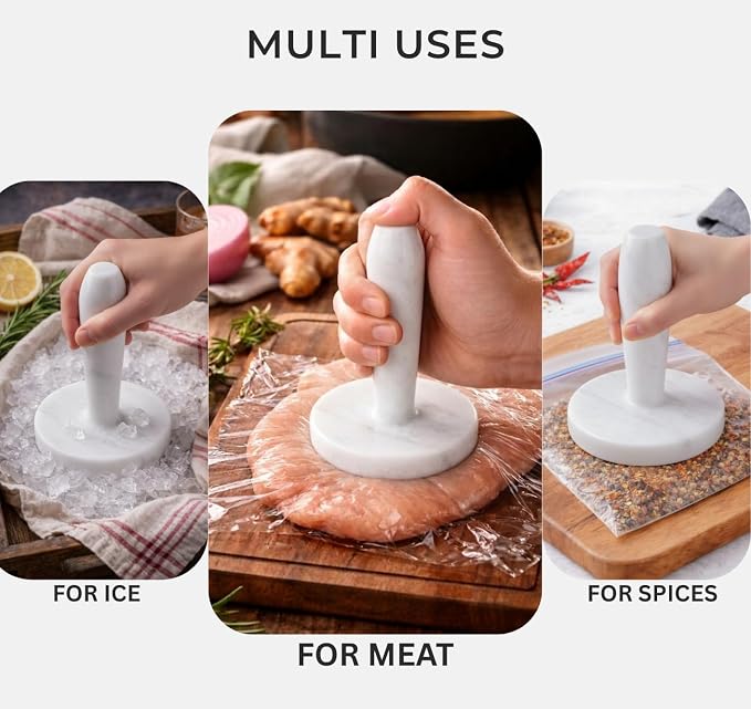 Marble Meat Pounder Tenderizer 5" Inches White Handmade Round Chicken Flattener Tool - Works Great As A Smash Burger Press - Meat Flattener for Steak, Chicken, Pork