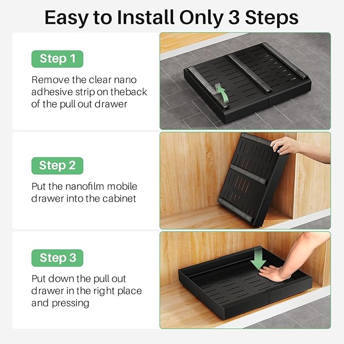 Kitstorack Pull out Cabinet Organizer, Expandable(12"-20") Heavy Duty Slide out Drawer Fixed with Adhesive Nano Film for Pots, Roll out Shelf Storage for Kitchen Base Cabinet Organization