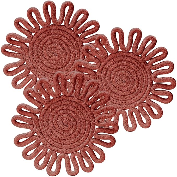 Kitchen Trivets for Hot Dishes Potholders for Countertop Hot Pads Hot Mats or Trivets for Hot Pots and Pans Home Essentials Boho Farmhouse Kitchen Decor Set of 3, 100% Cotton,7.5" (Brick-Red)