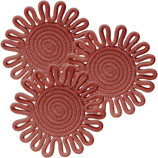 Kitchen Trivets for Hot Dishes Potholders for Countertop Hot Pads Hot Mats or Trivets for Hot Pots and Pans Home Essentials Boho Farmhouse Kitchen Decor Set of 3, 100% Cotton,7.5" (Brick-Red)