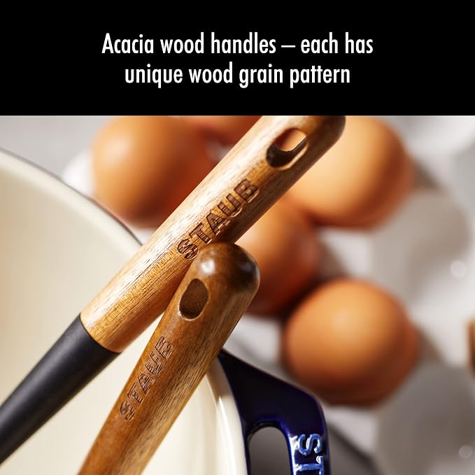 STAUB Soup Ladle & Rice Spoon Set - Serve Hot Soup, Keep Rice Fluffy, BPA-Free Silicone, Acacia Wood Handles