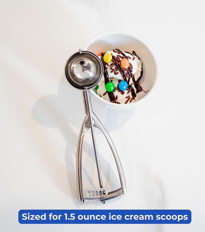 Jenaluca Large Ice Cream Scoop, 18/8 Stainless Steel, 3 Tbsp, Size #24 | Disher for ice cream, 3-inch cookies & cupcake batter. Squeeze-release handle. Right and left handed use. Dishwasher safe.