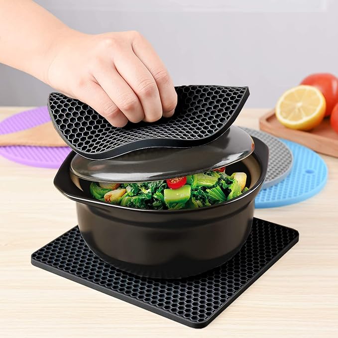 Silicone Trivet Pot Mat, Silicone Pot Holders for Hot Pan and Pot Pads. Heat Resistant Counter Mats for Tables Placemats,Countertops, Spoon Rest and Large Coasters,4 Pack Black(2 Squared + 2 Round)