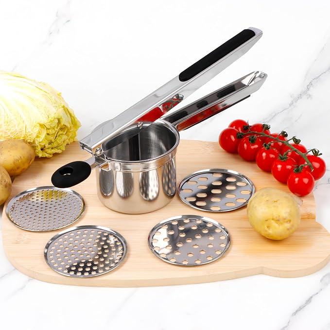 KAYCROWN Potato Ricer With 4 Discs, Heavy Duty Stainless Steel Potato Masher and Ricer for Mashed Potatoes Tool, Spaetzle Maker Lemon Squeezer
