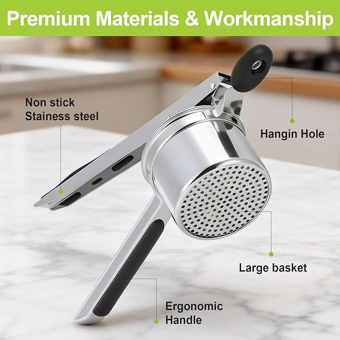 Potato Ricer Stainless Steel, Heavy Duty Potato Masher with Ergonomic Handle, Large 3 Interchangeable Discs Ricer for Mashed Potatoes Dishwasher Safe, Efficiently Make Fluffy Smooth Mashed Potatoes