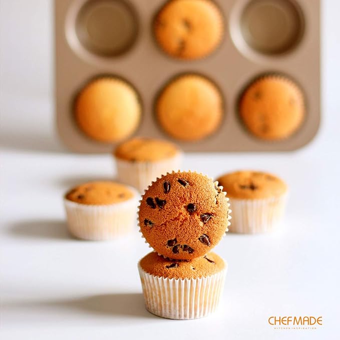 CHEFMADE Muffin Cake Pan, 12-Cavity Non-Stick Cupcake Pan Bakeware for Oven Baking (Champagne Gold)