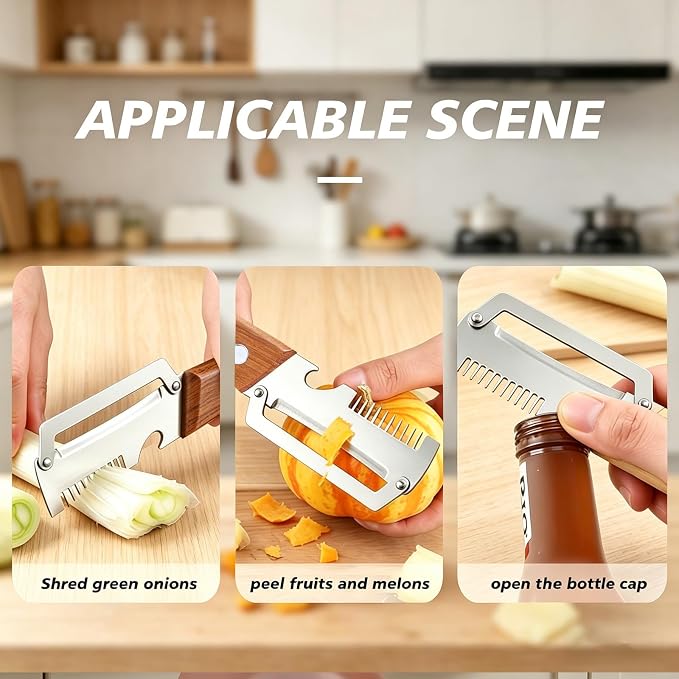 3-in-1 Multi-Function Kitchen Vegetable Peeler with Wooden Handle and Bottle Opener, Ideal for Peeling Fruits and Vegetables, Stainless Steel Blade Kitchen Tool (5 PCS)