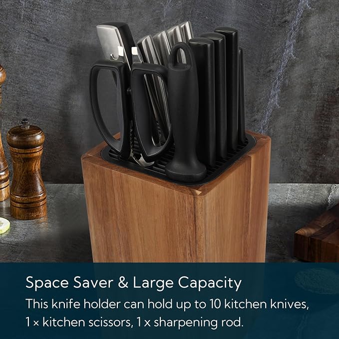 KITCHENDAO Deluxe Universal Knife Block with Slots for Scissors and Sharpening Rod - Acacia Wood Knife Block For Safe, Space Saver Knives Storage - Unique Slot Design to Protect Blades