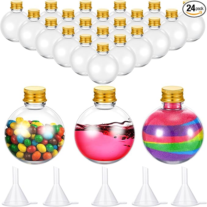 Layhit 24 Pcs Spherical Plastic Potion Bottles Ball Shape Round Bottles 3.4 oz Sand Art Jar with 5 Funnels Decorative ‌container Candy Jar for Valentines Birthday DIY Crafts(Gold,Aluminum Lid)