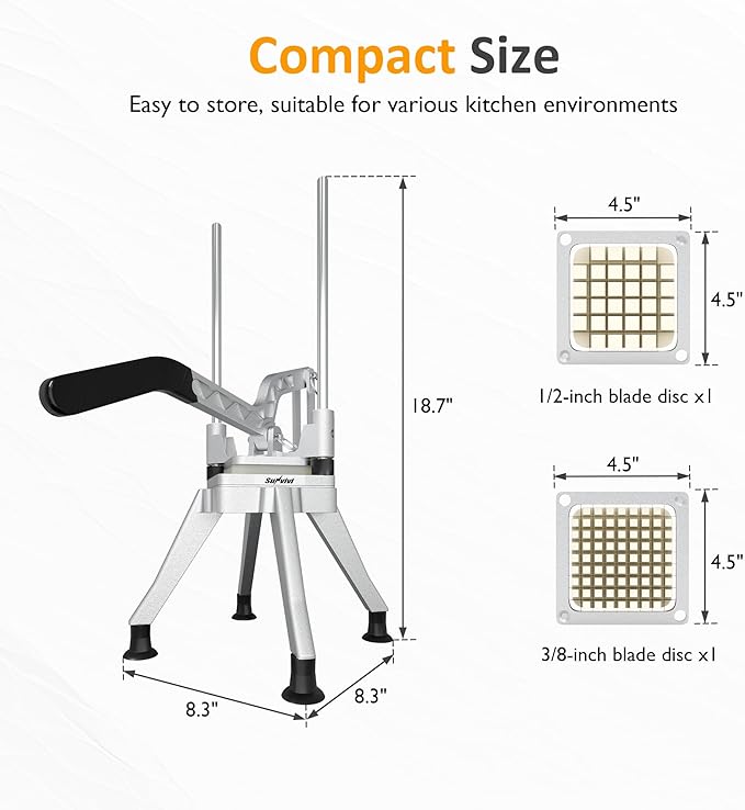 Sunvivi Commercial French Fry Cutter, Heavy Duty Potato Slicer with 2 Replaceable blades (1/2 & 3/8 Inch), Professional Fries Cutter for Potatoes, Carrots, Cucumber, Onion, Yam, Stainless Steel