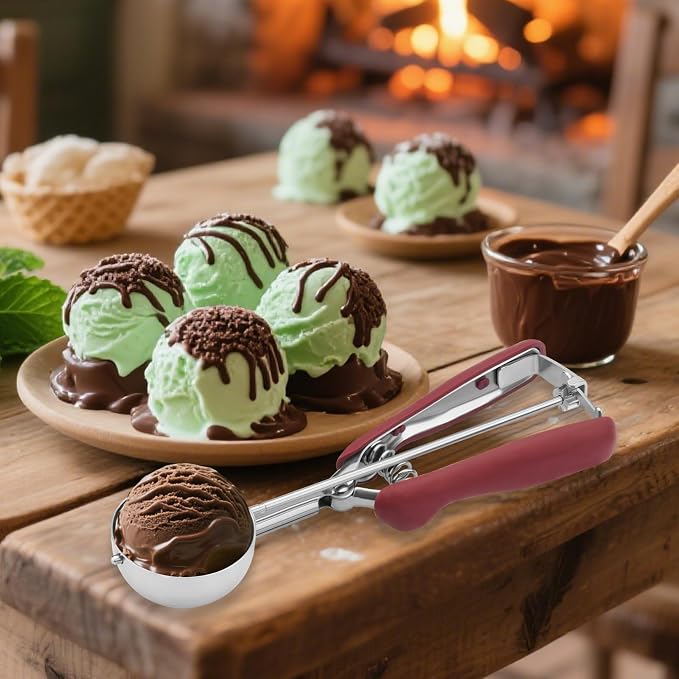 Cookie Scoops for Baking Set of 3, 18/8 Stainless Steel Ice Cream Scoop, 1 Tbsp/2 Tbsp/3 Tbsp Cookie Dough Scoop, Red/Black/Burgundy Non-slip Grip, for Cookie Cupcake Muffin Ice Cream