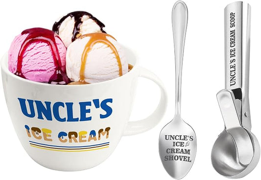 Uncle Gifts, Gifts for Uncle Fathers Day from Niece Nephew, Uncle's Ice Cream Bowl Scoop Shovel Spoon Set, Uncle’s Ice Cream Gift, Christmas Birthday Father's Day Present for Him Man