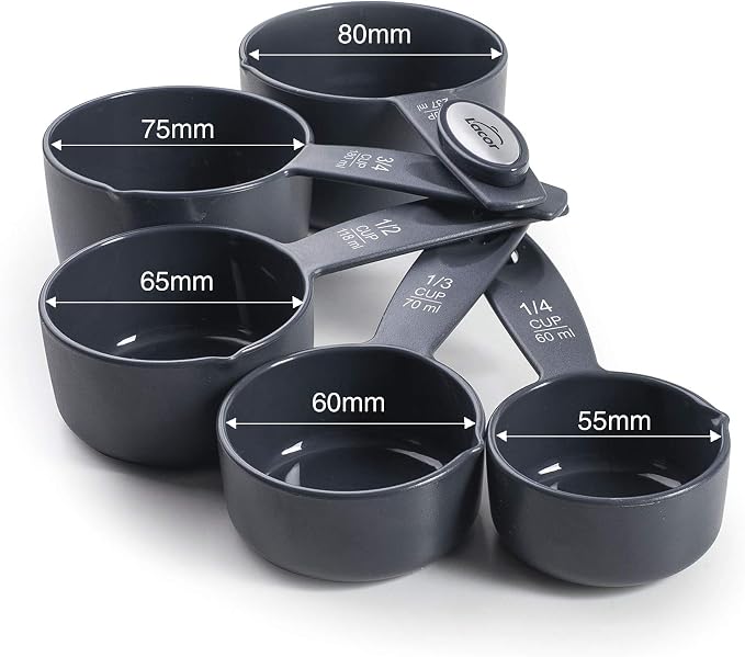 LACOR 67036 – Set of 5 Measuring Cups, Pastries, BPA Free Plastic, Stackable, ml and Cups, Side Pourer, Dishwasher Safe, Dark Grey