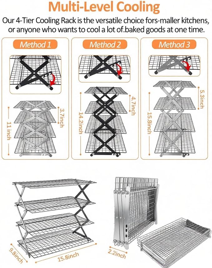 4 Tier Collapsible Cooling Rack, 2/3/4-Tier Upgraded,Adjustable ＆ Stackable Baking Rack, 5 Modes Cooling Racks for Cooking and Baking, Roasting ＆ Grilling Gifts for Picnic Party