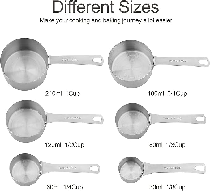 Measuring Cups Set, 18/8 Stainless Steel Measuring Cup Set, 6 Metal Measuring Cups with Measure Equivalents, Dry Kitchen Measure Cups, Baking Measurement Cups with 1/8 & 3/4 Measuring Cup