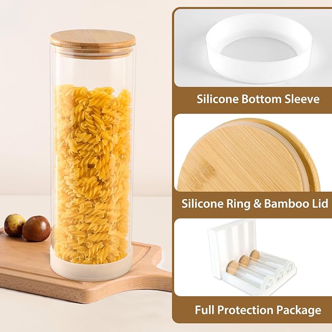 73oz Glass Spaghetti Pasta Containers for Pantry Organization, 3-Pack Large Airtight Food Jars with Bamboo Lids and Protective Silicone Base, Clear Storage Canisters for Flour, Cereal, Rice