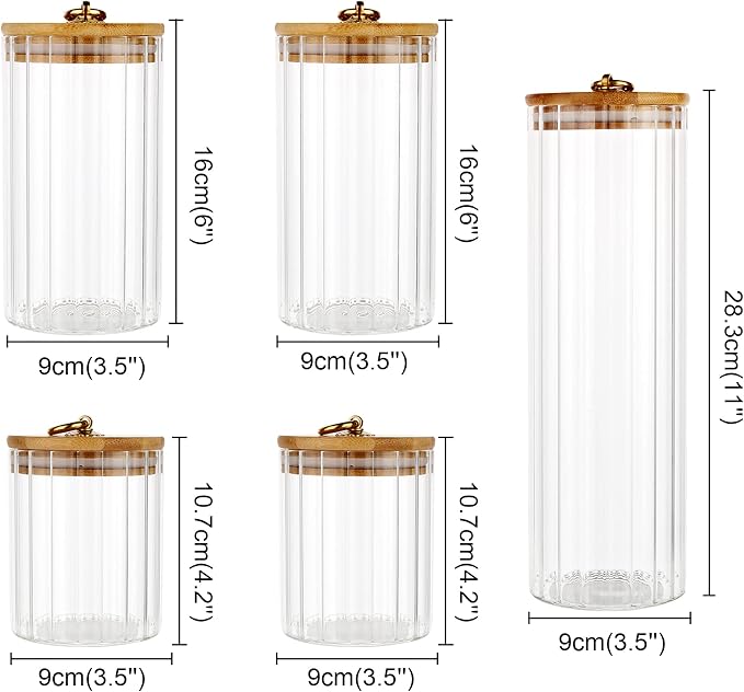Glass Storage Jars Set of 5, Coffee Bar Canister with Airtight Bamboo Lid | Metal Ring, Ribbed Borosilicate Glass Container, Home Kitchen Pantry Storing Coffee, Candy, Sugar, Tea, Nuts, Oatmeal, Pasta