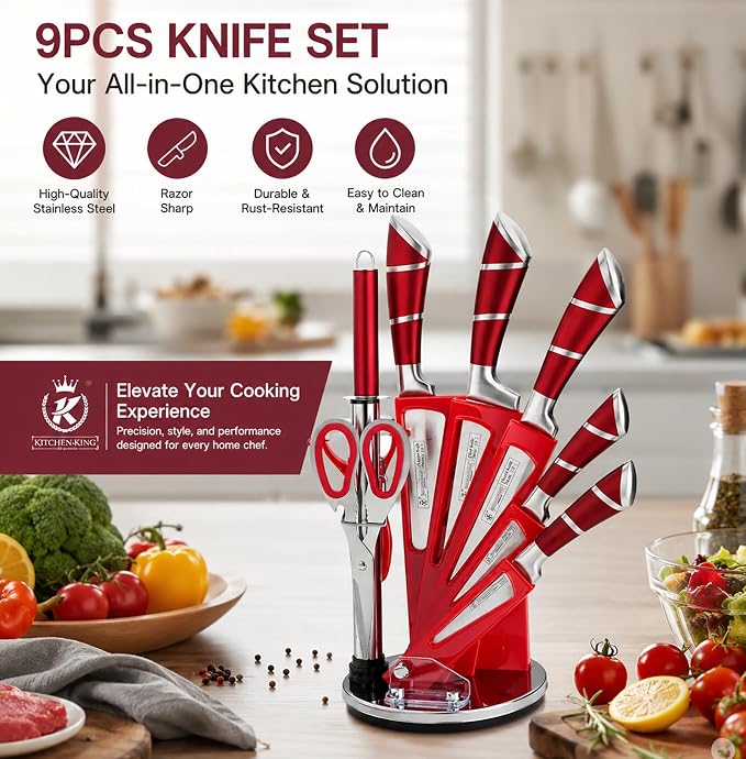 Kitchen Knife Set, 9Pcs Red Knife Set with Rotation Block, Ergonomical Handle,Non Stick Sharp Stainless Steel Chef Knife Block Set for Home Cooking Gift