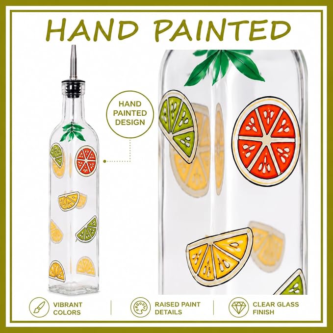17oz Hand Painted Glass Olive Oil Bottle - 500ml Green Oil & Vinegar Cruet with Pourers - Olive Oil Carafe Decanter for Kitchen (Fruit)