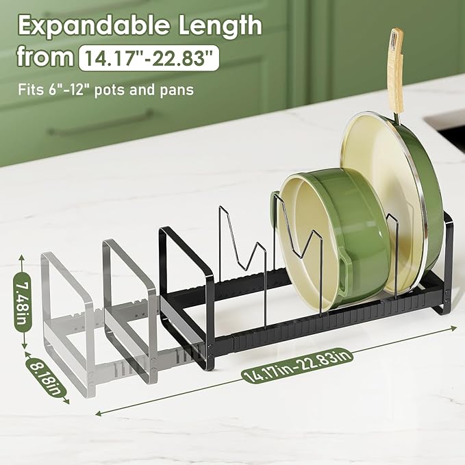 MUDEELA Expandable Pot Pan Lid Organizers inside Cabinet, 12 Divider-Black | Expandable 14.2-22.8", 12 Adjustable Divider, Easy Assembly, Non-Slip, For Pan Lids, Cutting Boards, Bakeware & Cookie Sheets
